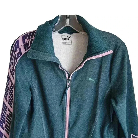 Puma Green Zip Sweatshirt | Women’s M | Pink Accents, Hi-Low Hem, Branded Sleeve - Picture 2 of 13